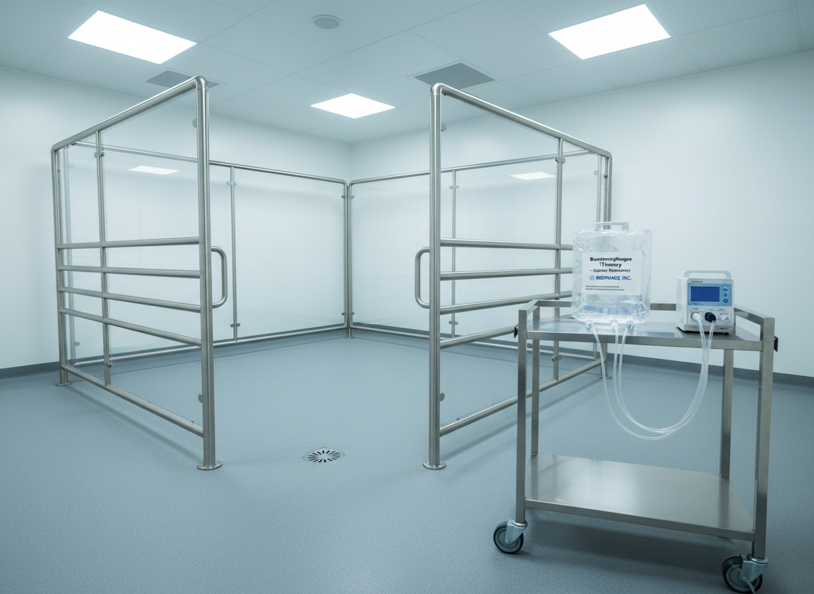 An advanced veterinary treatment bay designed for large animals, with a clean, rubberized floor and a sturdy, empty equine examination stall framed by brushed stainless-steel rails. On a nearby mobile cart, a sealed, clearly labeled “Bacteriophage Therapy – Equine Respiratory” infusion bag rests beside sterile tubing and a compact, digital infusion pump. Cool white ceiling lights provide bright, shadow-minimized illumination, reflecting gently off metal surfaces and emphasizing sterility and safety. The photographic composition is at eye level, using leading lines from the stall rails to draw attention toward the treatment cart. The mood is professional, reassuring, and highly clinical, illustrating how Biophage, Inc.’s therapies integrate seamlessly into modern veterinary practice without showing any animals or people.