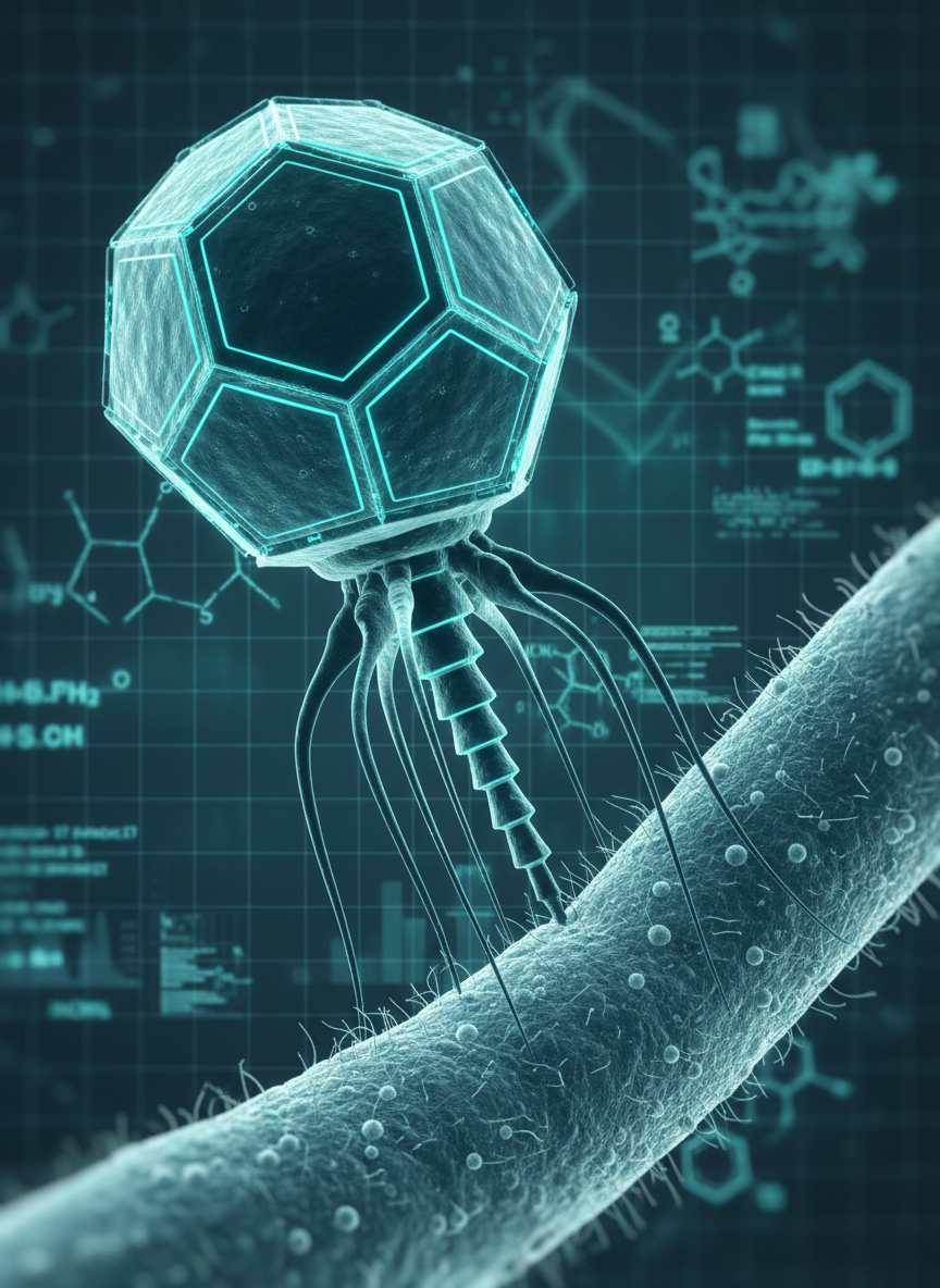 A dramatic, ultra-detailed close-up of a stylized bacteriophage rendered as if photographed through a high-end electron microscope, with a geometric icosahedral head and slender tail fibers attaching to a textured, rod-shaped bacterium. The color palette is deep cyan and soft teal, with selective bright accents to differentiate viral and bacterial structures. A faint grid and data overlays hover in the blurred background, hinting at genomic analysis. Subtle studio-style lighting from one side creates crisp highlights along the viral capsid edges and gentle shadows on the bacterial surface. Shot in macro, with a shallow depth of field and photographic realism, the image feels precise, modern, and scientific, ideal for explaining phage mechanisms to investors.