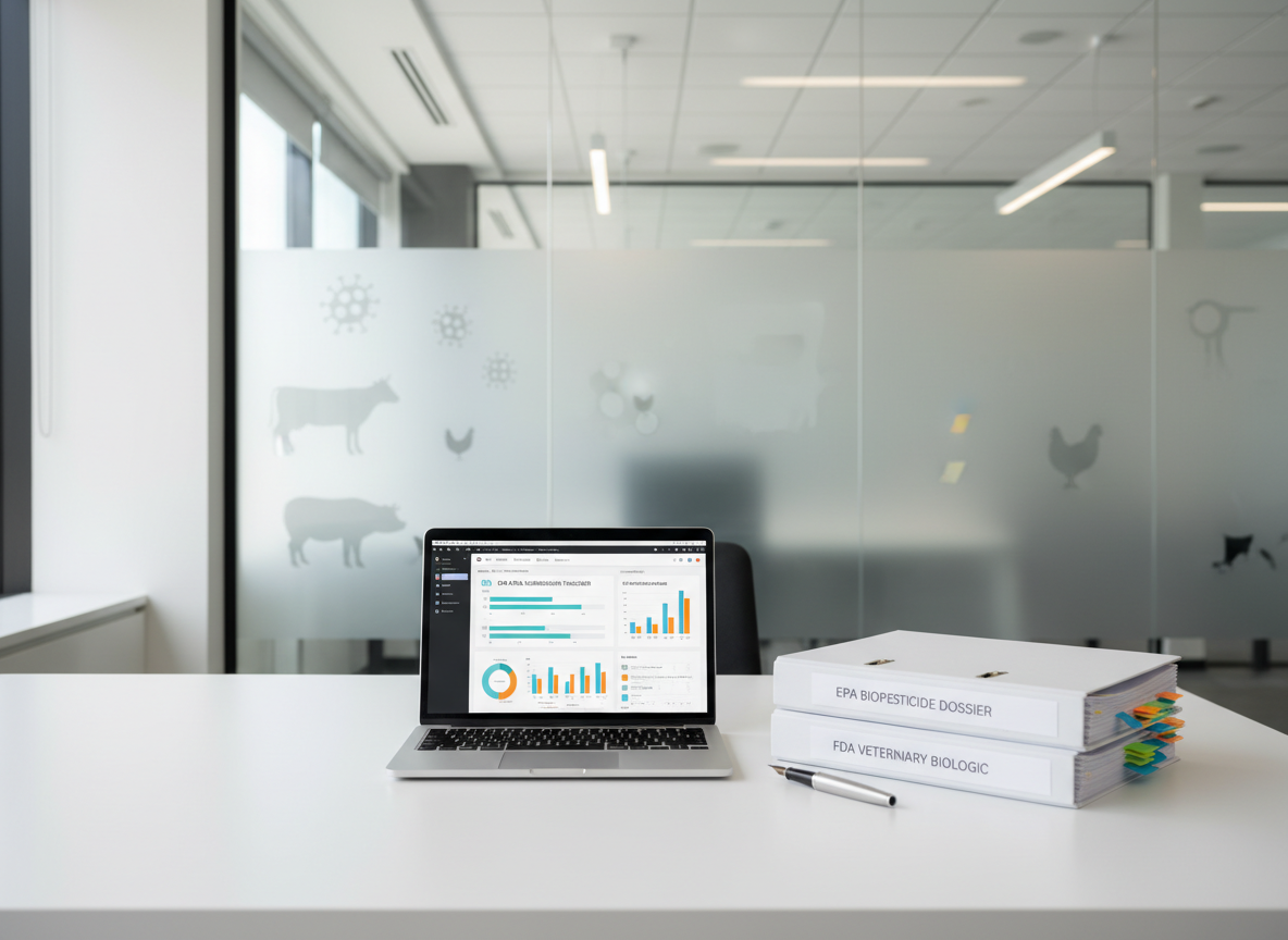 A meticulously organized regulatory strategy workspace, featuring a large, matte-white desk with a slim laptop displaying an EPA and FDA submission dashboard filled with clean charts and timelines. Beside it lie neatly stacked briefing binders labeled “EPA Biopesticide Dossier” and “FDA Veterinary Biologic,” along with color-coded sticky-note tabs and a polished steel pen. In the background, a glass wall reveals frosted icons of bacteriophages and livestock silhouettes. Soft, diffused daylight from a nearby window mixes with cool overhead office lighting, eliminating harsh shadows and creating a calm, focused atmosphere. Shot from a slightly elevated angle in photographic realism with sharp focus throughout, the composition communicates investor-ready regulatory planning and disciplined biotech operations.