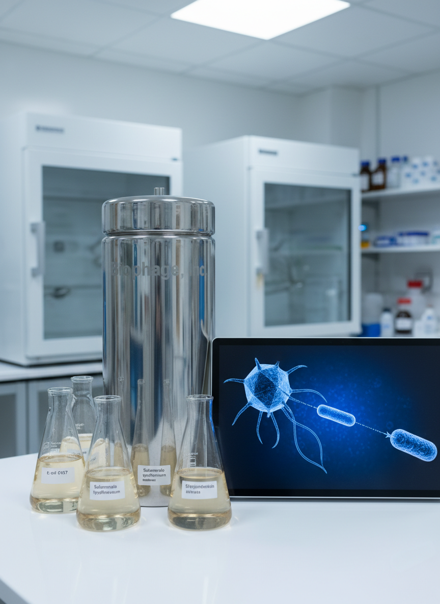 A sleek stainless-steel bioreactor vessel labeled “Biophage, Inc.” standing on a spotless white lab bench, surrounded by neatly arranged glass flasks filled with pale amber bacterial cultures, each marked with livestock pathogen strain codes. In the background, refrigerated incubators and a large digital screen display a crisp, blue-toned schematic of a bacteriophage attacking bacteria. Cool, even overhead laboratory lighting reflects subtly off metal and glass, creating a professional, clinical atmosphere. Captured at eye level with photographic realism and moderate depth of field so the bioreactor and screen are in sharp focus while the distant lab equipment softens, the composition emphasizes innovation and precision in veterinary bacteriophage therapy.